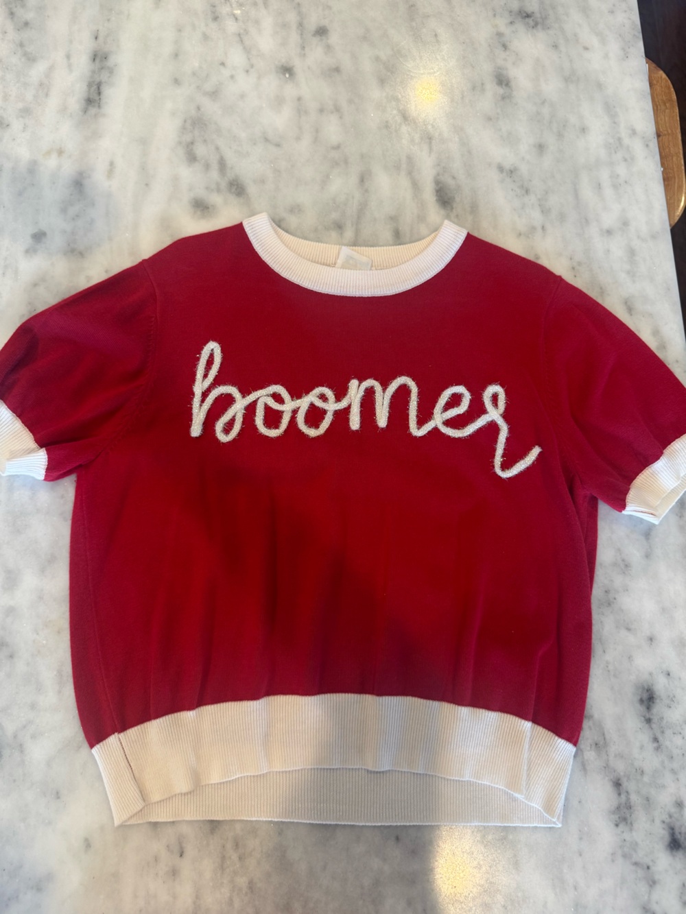QUEEN OF SPARKLES Red Knit 'Boomer' Short Sleeve Top with White Trim